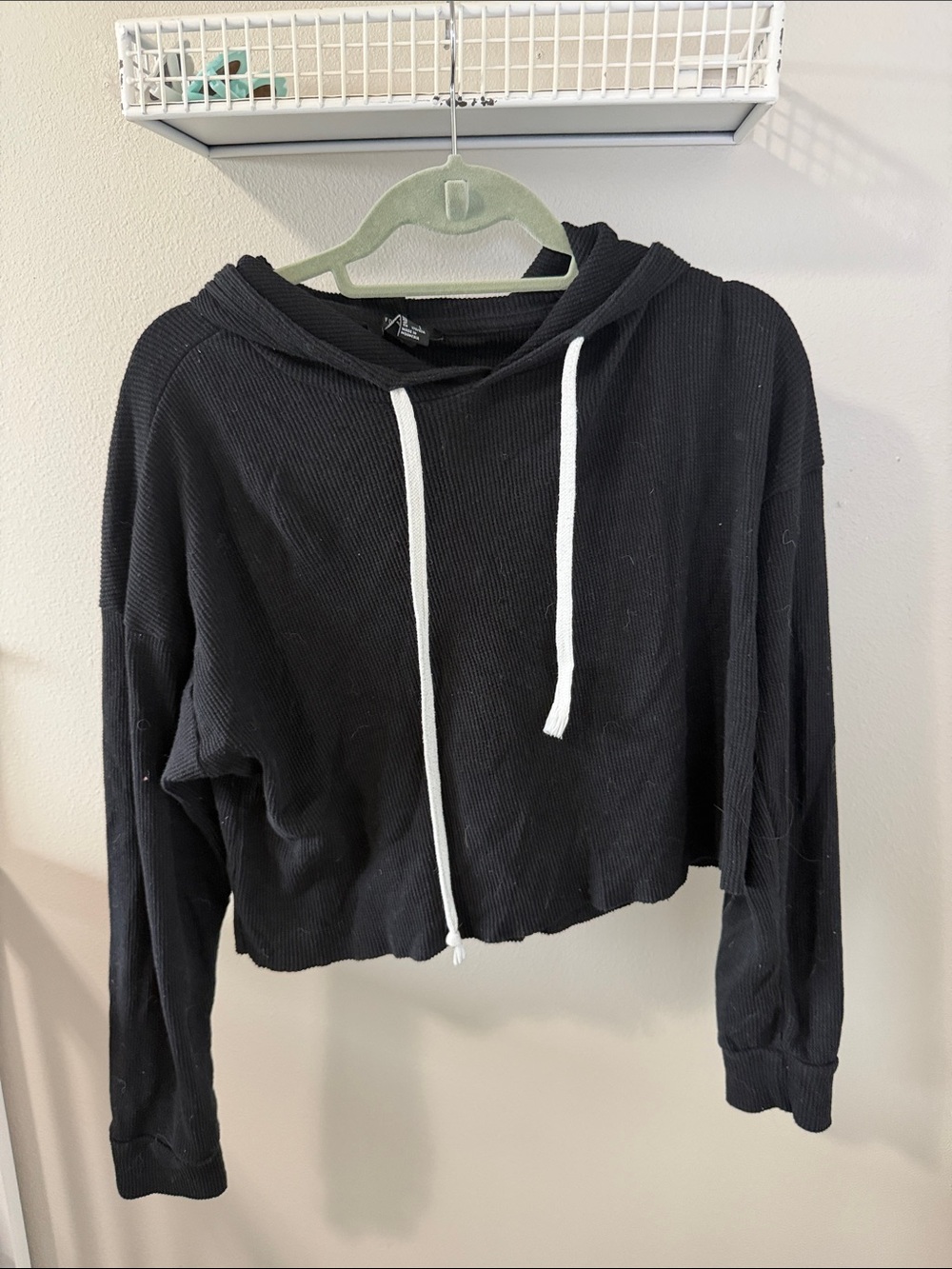 Black Cropped Hoodie with Drawstring - Women Tops